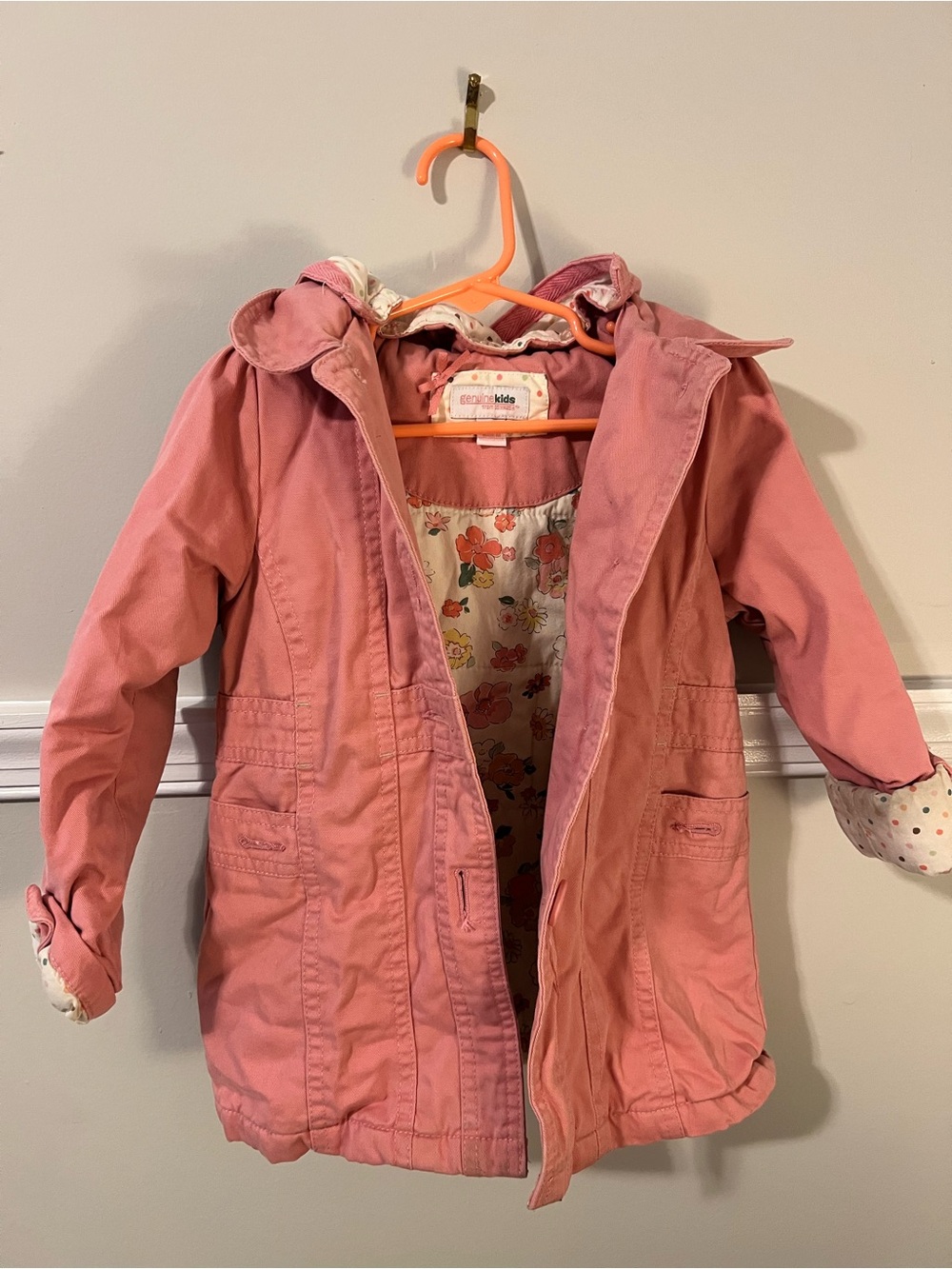 Vintage Genuine Kids Pink Coat-Floral Lining, Adjustable Sleeves, Removable Hood